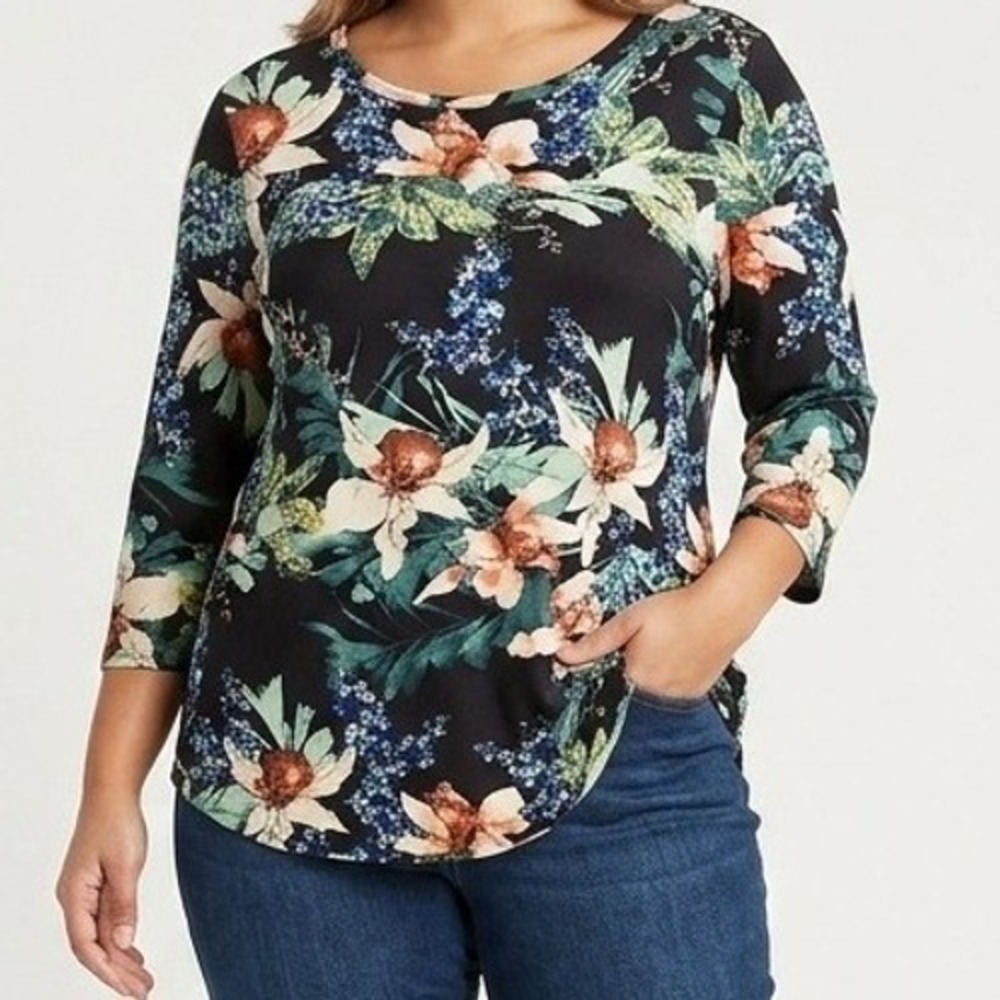 Karen Kane Floral Print Top Blouse Women XL Black 3/4 Sleeve Scoop Neck Colorful